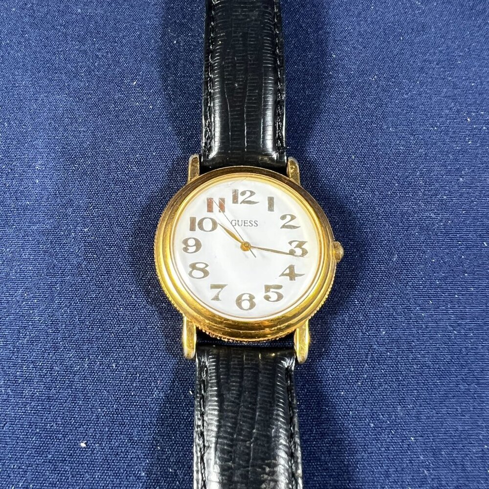 Vintage Guess Womens Gold Watch With Black Leather Band & White Dial Japan Movem - Picture 2 of 5